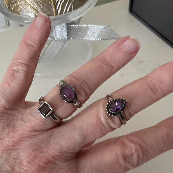 3 amethyst and purple stones and 925 sterling silver rings - Picture 1 of 7